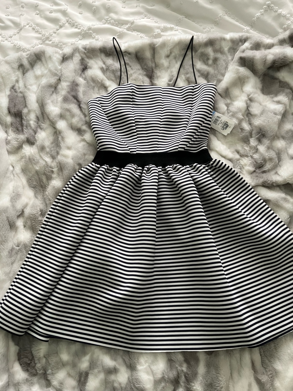 Juniors’ Black & White Striped Scuba Spaghetti-Strap Dress
